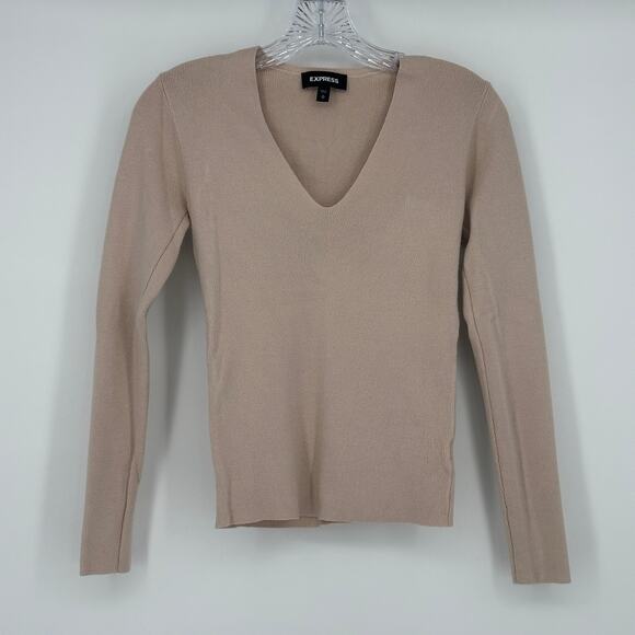 Express Women's Pullover Sweaters Size M Nude Tan Long Sleeve Ribbed Knit V-Neck - Picture 1 of 9